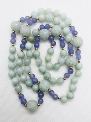 Vintage Carved Natural Jade Amethyst 14k Gold Beads Necklace 27.  5” 74.  2g