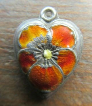 Rare Vintage Sterling Silver Orange Enamel Pansy Flower Puffy Heart Charm