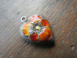 RARE VINTAGE Sterling Silver ORANGE ENAMEL PANSY Flower Puffy Heart Charm 3