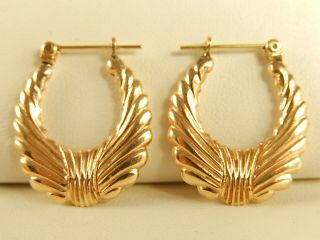14k Yellow Gold Ornate Hoop Earrings 3/4 " Vintage Oblong