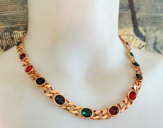 Vtg Christian Dior Mogul Bezel Crystal Gemstone Gold Curb Chain Choker Necklace