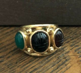 14 Kt Gold Vintage 3 Stone Scarab Ring - Size 5