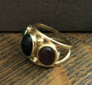 14 KT Gold Vintage 3 Stone Scarab Ring - Size 5 2