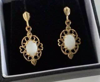 A Pair 9ct Gold Natural Opal Drop Earrings Boxed Hallmarks