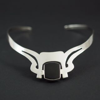Vintage 925 Sterling Silver Mexican Choker Necklace With Large Obsidian Stone