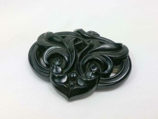 Antique 19th Century Large Carved Black Whitby Jet Brooch