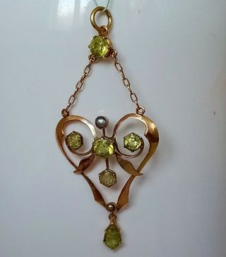 Antique Art Nouveau / Edwardian 9ct Gold Peridot And Seed Pearl Lavalier Pendant