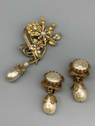 Rare Vintage Signed Miriam Haskell Baroque Pearl Brooch Pin Earring Set (0810203)