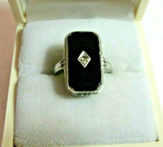 Vintage 14kt White Gold Black Onyx Diamond Ring Size 5.  5 & 3.  7g
