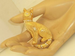 Christian Dior Brushed Gold Tone Clear Rhinestone Stunning Kitty Cat Brooch Euc