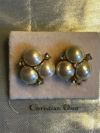 Gorgeous Christian Dior Vintage Pearl And Crystal Clip On Earrings Circa 1970s