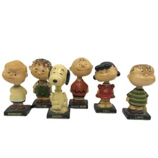 Vintage 1959 Complete Set 6 Peanuts Gang Bobblehead Nodder Lego Japan Figures