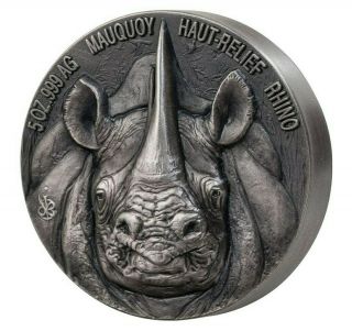 2019 5 Oz Silver 5000 Francs Ivory Coast Rhino Big Five Mauquoy High Relief Coin