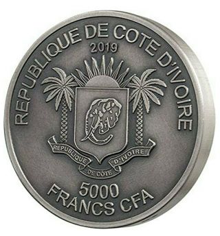 2019 5 Oz Silver 5000 Francs Ivory Coast RHINO BIG FIVE MAUQUOY High Relief Coin 3