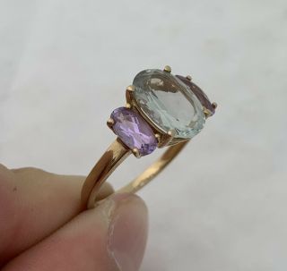 9ct Gold Green & Purple Amethyst Large 3 Stone Heavy Ring,  9k 375 3