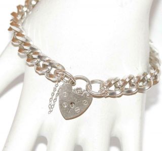 7.  5 " Vintage English Sterling Silver 925 Padlock Charm Bracelet Heart Clasp 36g