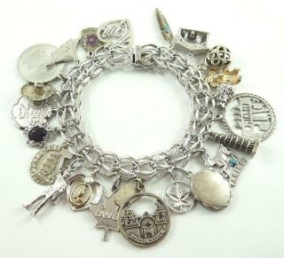 Vintage Sterling Silver Charm Bracelet With Safety Clasp 22 Charms