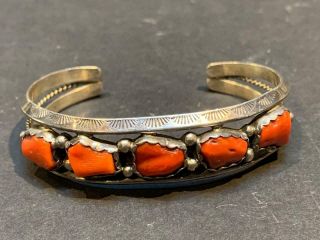 Vintage Navajo Native American Sterling Silver And Coral Cuff Bracelet - Signed