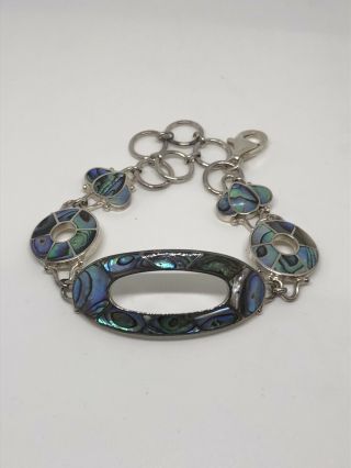 Vintage Paua Shell Bracelet By Sajen,  Inlaid In 925 Silver Extends To 8.  5 "