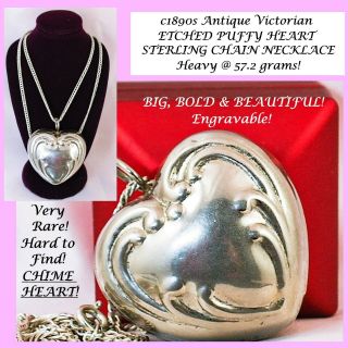 C1890s Htf Rare Antique Victorian Big Etched Heart Sterling Chain Heavy Necklace