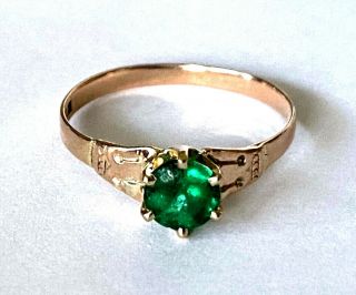 Antique Art Deco Round Green Stone Ladies Ring 10k Solid Rose Gold Band Size 6.  5