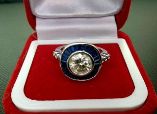 Vintage Antique Art Deco 2ct Diamond 14k White Gold Over Blue Sapphire Ring Fine
