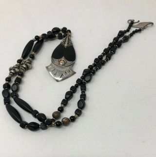 Vintage Sterling Silver And 18k Gold Black Agate Beaded Necklace