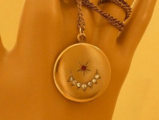 Antique C 1900 Victorian Jewelled Moon Star Locket & Rope Chain Gold F Vintage