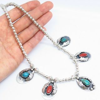 Vintage Old Pawn Sterling Silver Turquoise Coral Navajo Pearl Tribal Necklace