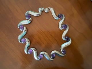 Vtg Sterling Amethyst Mexico Taxco Curved Link 13 " Collar Choker Necklace - 54g