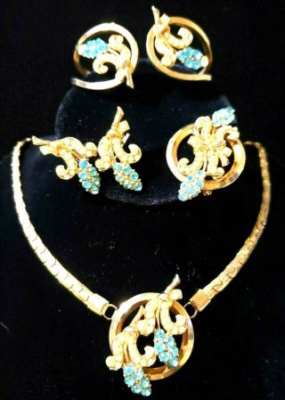 OLEG CASSINI Vtg GRAND PARURE 1940 ' s 24 KT GOLD PLATE Necklace bracelet earring 2