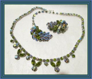 Sherman Olive Green & Lavender Ab - Leaf Cluster Motif Pendant Necklace Set Nr