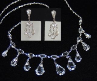 Vtg Art Deco Sterling Open Back Bezel Set Teardrop Crystal Necklace Earrings Set