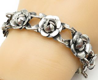 Mexico 925 Silver - Vintage Sculpted Flower Round Link Chain Bracelet - B5297