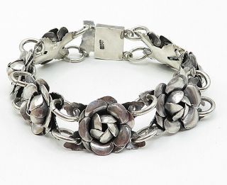 MEXICO 925 Silver - Vintage Sculpted Flower Round Link Chain Bracelet - B5297 2