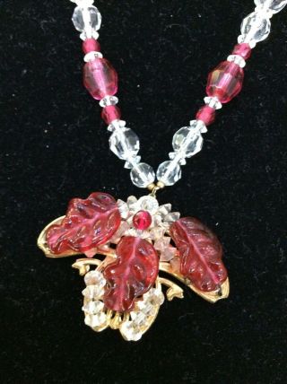 Miriam Haskell Butterfly Necklace Crystal & Pink Art Glass Signed With Earrings