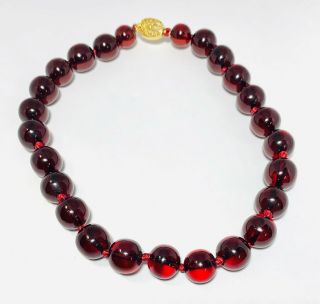 Antique Chinese Cherry Amber Round 14mm Bead Knotted 16 " Necklace Vermeil Clasp