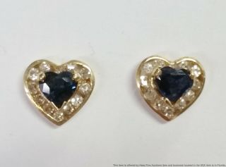 Vintage 14k Gold Diamond Natural Sapphire Heart Cut Stud Ladies Earrings