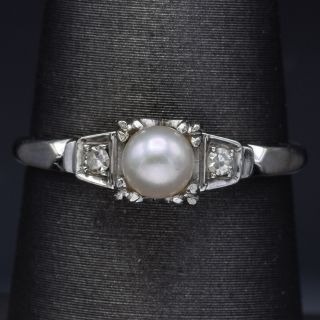 Vintage 18k White Gold Sea Pearl And Diamond Band Ring Size 6.  5