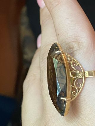 14k Gold Smoky Quartz Topaz Ring 1970s Large Marquise Stone
