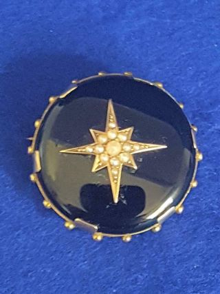 Rare 1930s Art Deco Gold Plated Black French Jet & Seed Pearl Mourning Brooch \