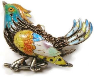 Art Nouveau Gold Over Sterling Silver Filigreed Enamel Bird Pin Brooch Portugal