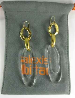 Fabulous Long Alexis Bittar Liquid Gold Clear Lucite Drop Pierced Earrings