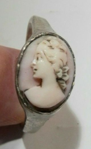 Very Fine Large 18th Century Silver Cameo Ring - Female Bust