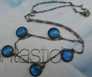 Art Deco Iridescent Blue Butterfly Wing Sterling Silver Chain Necklace