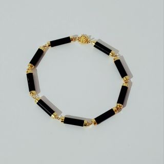 14k Yellow Gold Black Onyx Asian Bracelet Oriental Chinese 7.  5 Inches.
