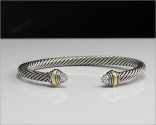 DAVID YURMAN Sterling Silver & 14k Gold Diamond Cuff 5mm Cable Bracelet 2