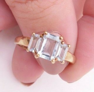 9ct Gold Three Stone Emerald Cut Aquamarine Ring,  9k 375
