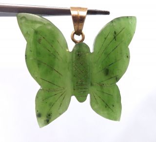 14k Gold Carved Green Jade Jadeite Butterfly Charm Pendant 4gr