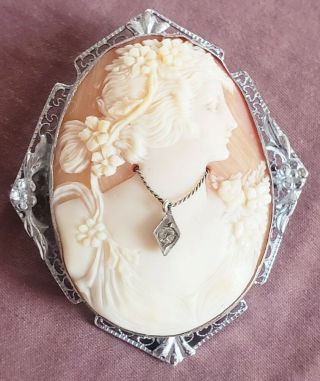 Lg Art Deco Sterling Silver Openwork High Relief Carved Cameo W Diamond 12.  75g